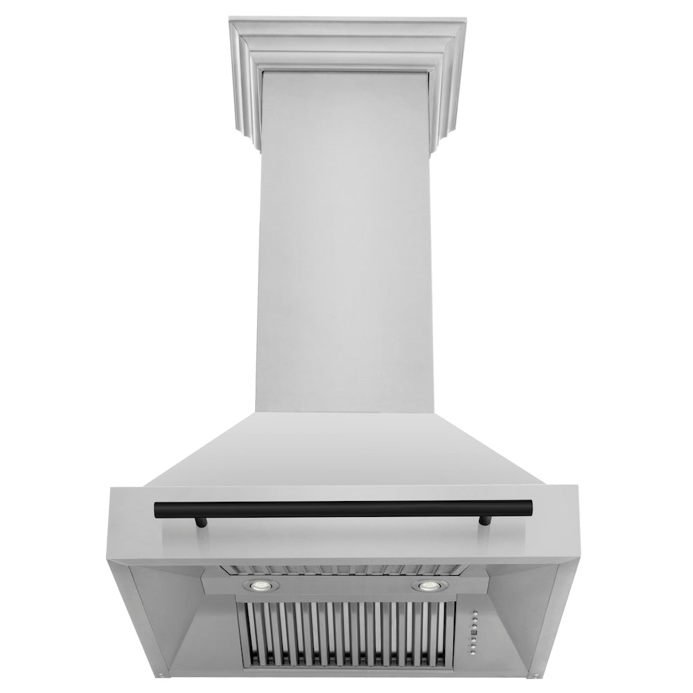ZLINE Autograph Edition 30-inch range hood in stainless steel and matte black accents 8654STZ-30-MB, front view
