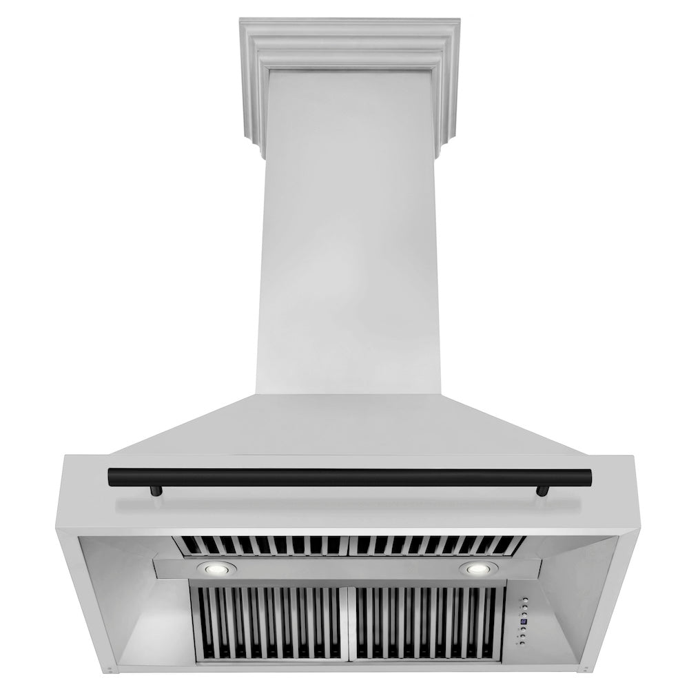 ZLINE Autograph Edition 36-inch range hood in stainless steel and matte black accents 8654STZ-36-MB, front view