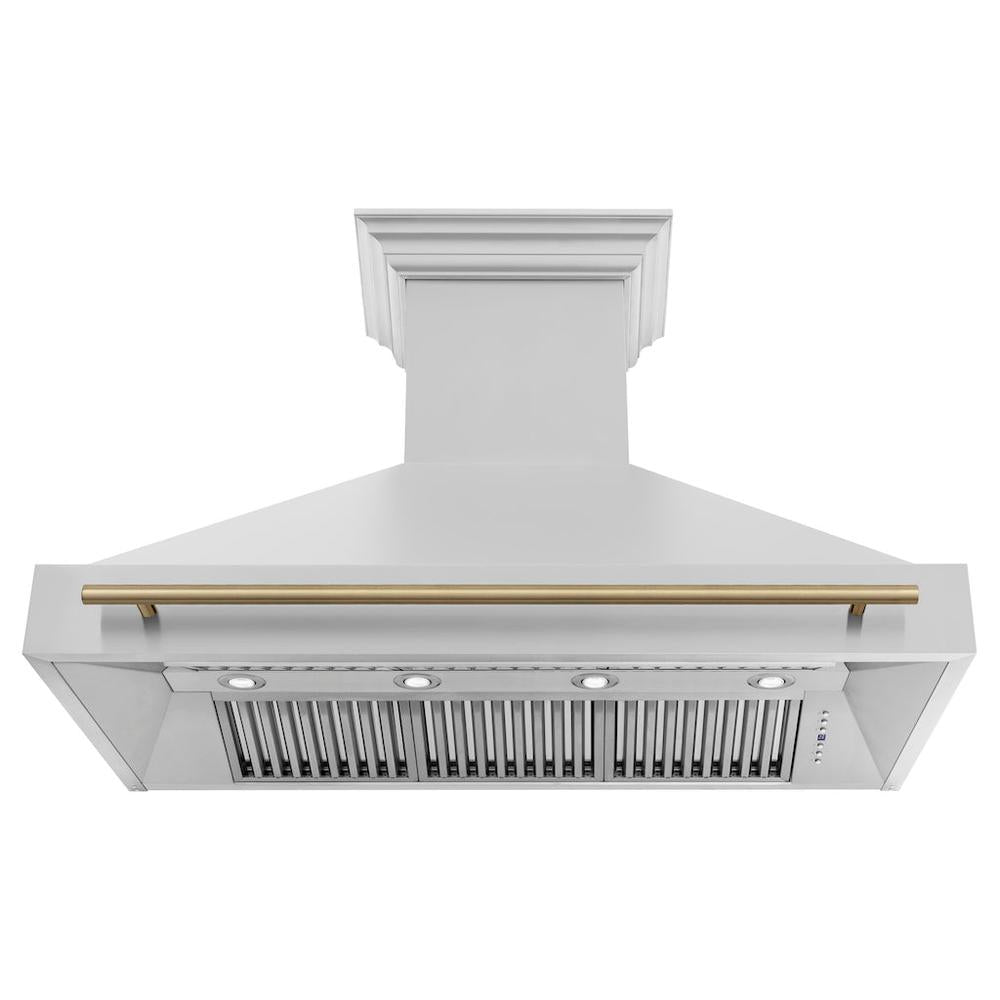 ZLINE Autograph Edition 48-inch range hood in stainless steel and champagne bronze accents 8654STZ-48-CB, front view