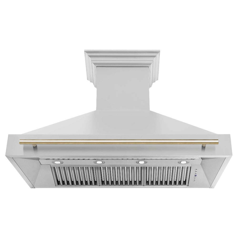 ZLINE Autograph Edition 48-inch range hood in stainless steel and polished gold accents 8654STZ-48-G, front view