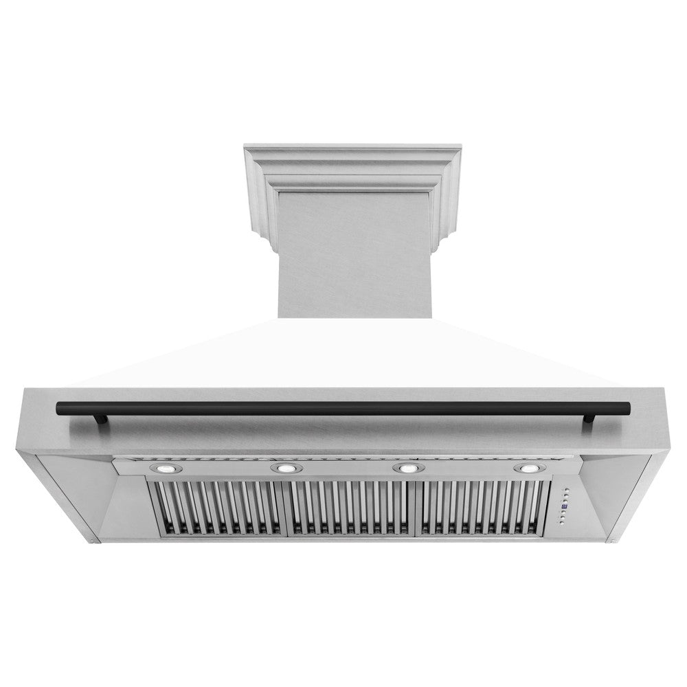 ZLINE Autograph Edition 48-inch range hood in satin stainless steel and matte black accents 8654SNZ-WM48-MB, front view