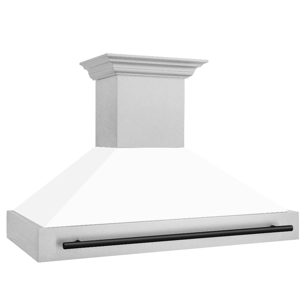 ZLINE Autograph Edition 48-inch range hood in satin stainless steel and matte black accents 8654SNZ-WM48-MB, side view
