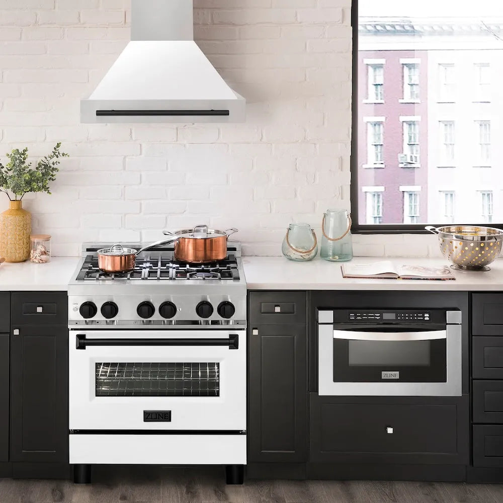 ZLINE Autograph Edition 30-inch range hood in white matte and matte black accents 8654STZ-WM30-MB, front view