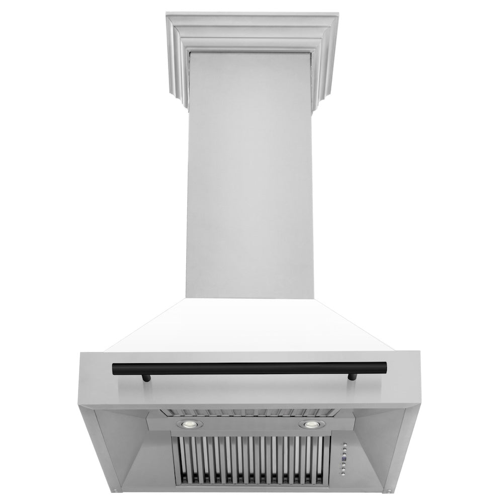 ZLINE Autograph Edition 30-inch range hood in white matte and matte black accents 8654STZ-WM30-MB, front view