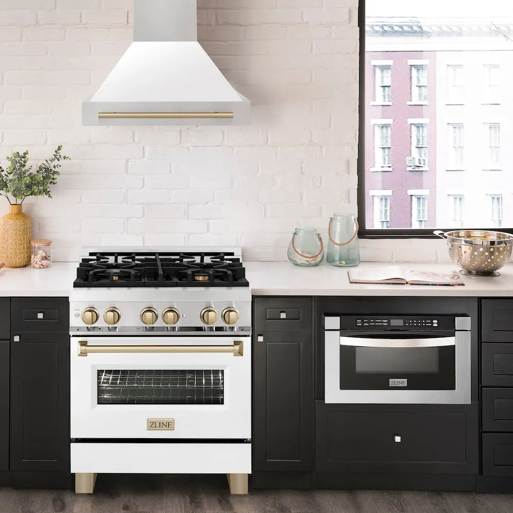 ZLINE Autograph Edition 30-inch range hood in white matte and champagne bronze accents 8654STZ-WM30-CB, front view