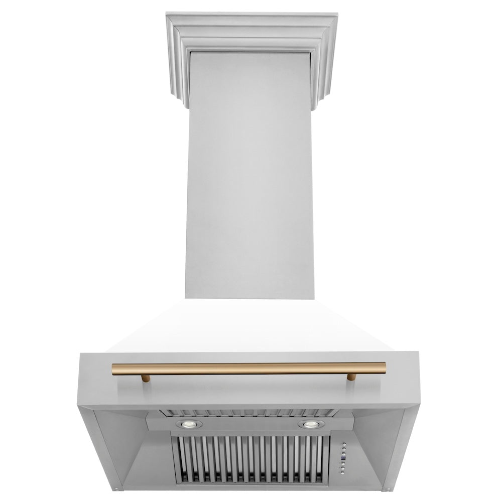 ZLINE Autograph Edition 30-inch range hood in white matte and champagne bronze accents 8654STZ-WM30-CB, front view