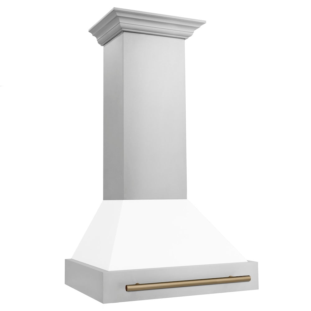 ZLINE Autograph Edition 30-inch range hood in white matte and champagne bronze accents 8654STZ-WM30-CB, side view