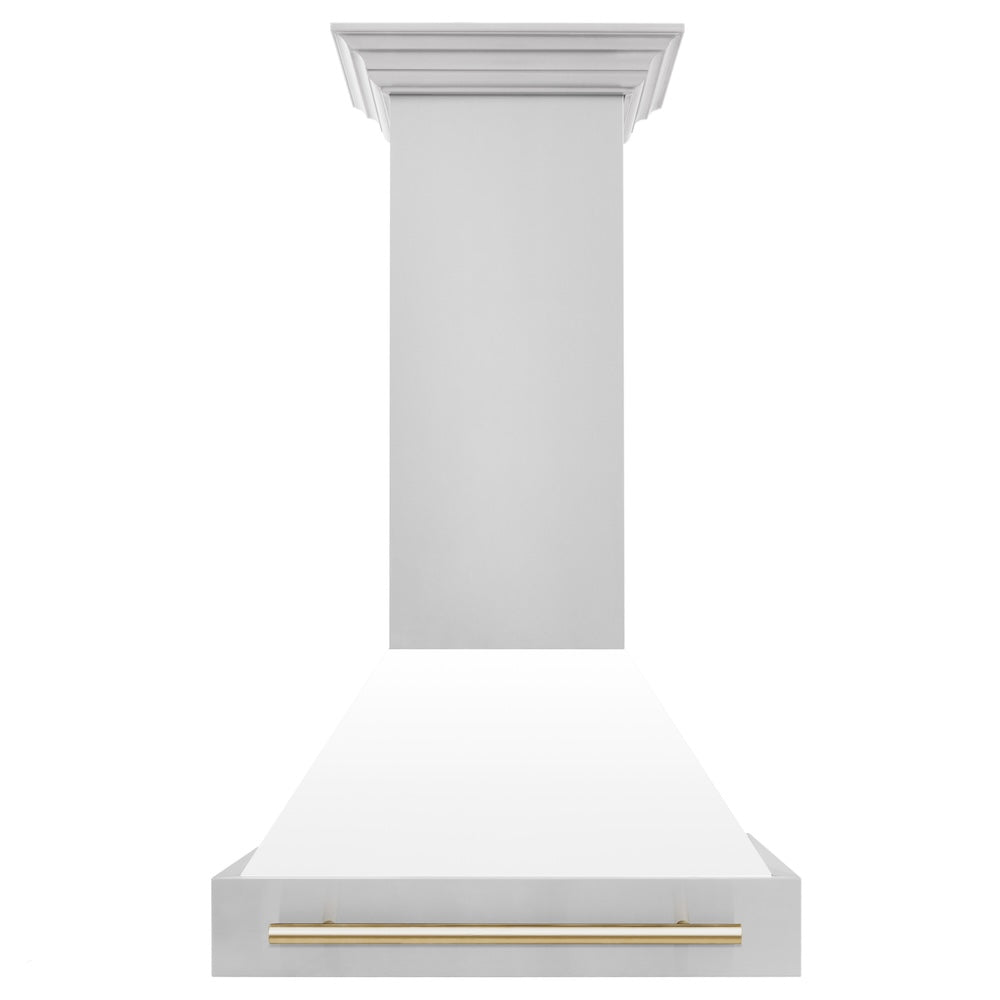 ZLINE Autograph Edition 30-inch range hood in white matte and polished gold accents 8654STZ-WM30-G, front view
