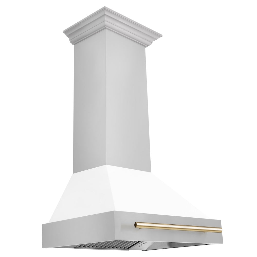 ZLINE Autograph Edition 30-inch range hood in white matte and polished gold accents 8654STZ-WM30-G