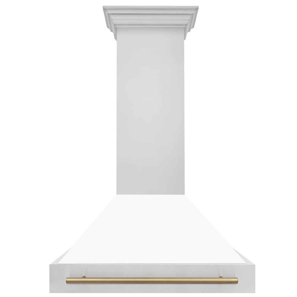 ZLINE Autograph Edition 36-inch range hood in white matte and champagne bronze accents 8654STZ-WM36-CB, front view
