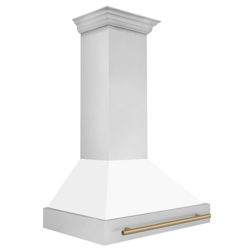 ZLINE Autograph Edition 36-inch range hood in white matte and champagne bronze accents 8654STZ-WM36-CB, side view