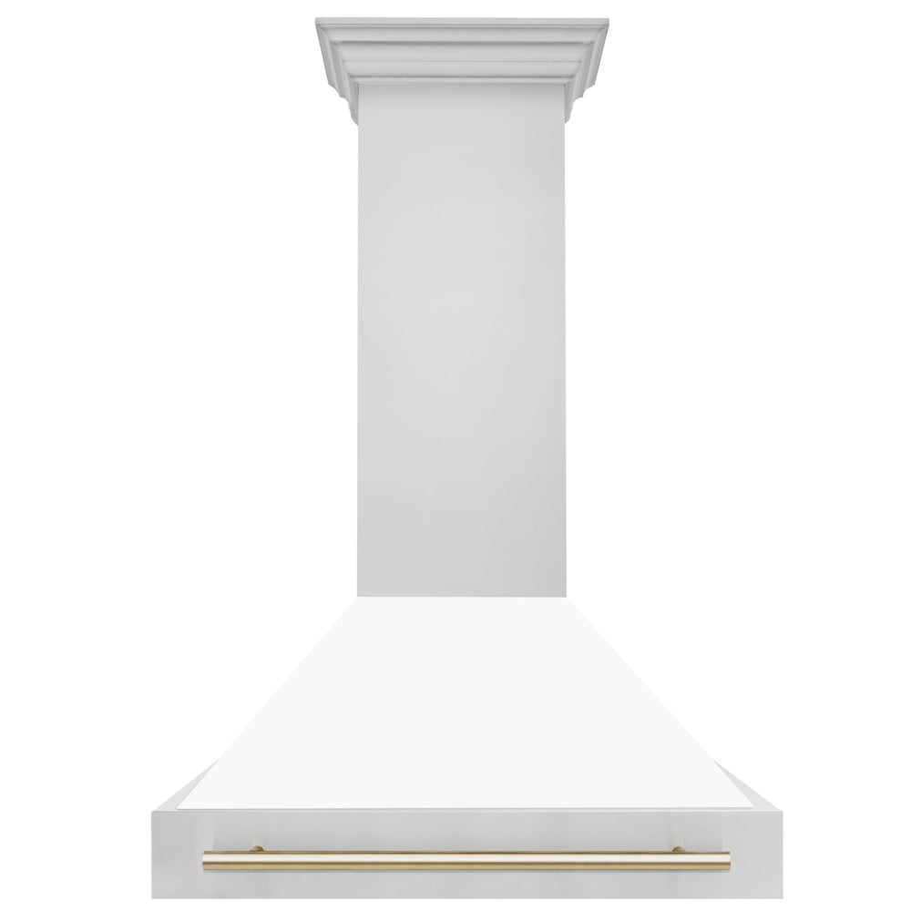 ZLINE Autograph Edition 36-inch range hood in white matte and polished gold accents 8654STZ-WM36-G, front view