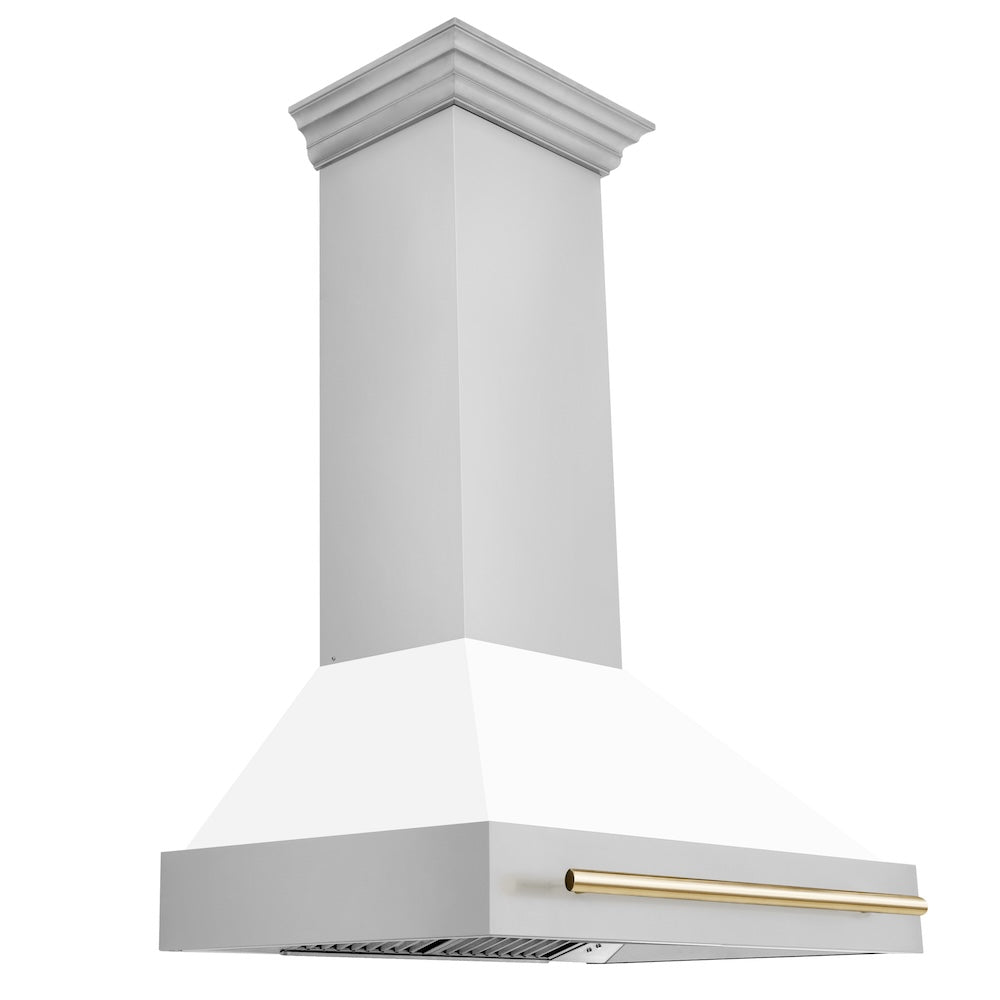 ZLINE Autograph Edition 36-inch range hood in white matte and polished gold accents 8654STZ-WM36-G