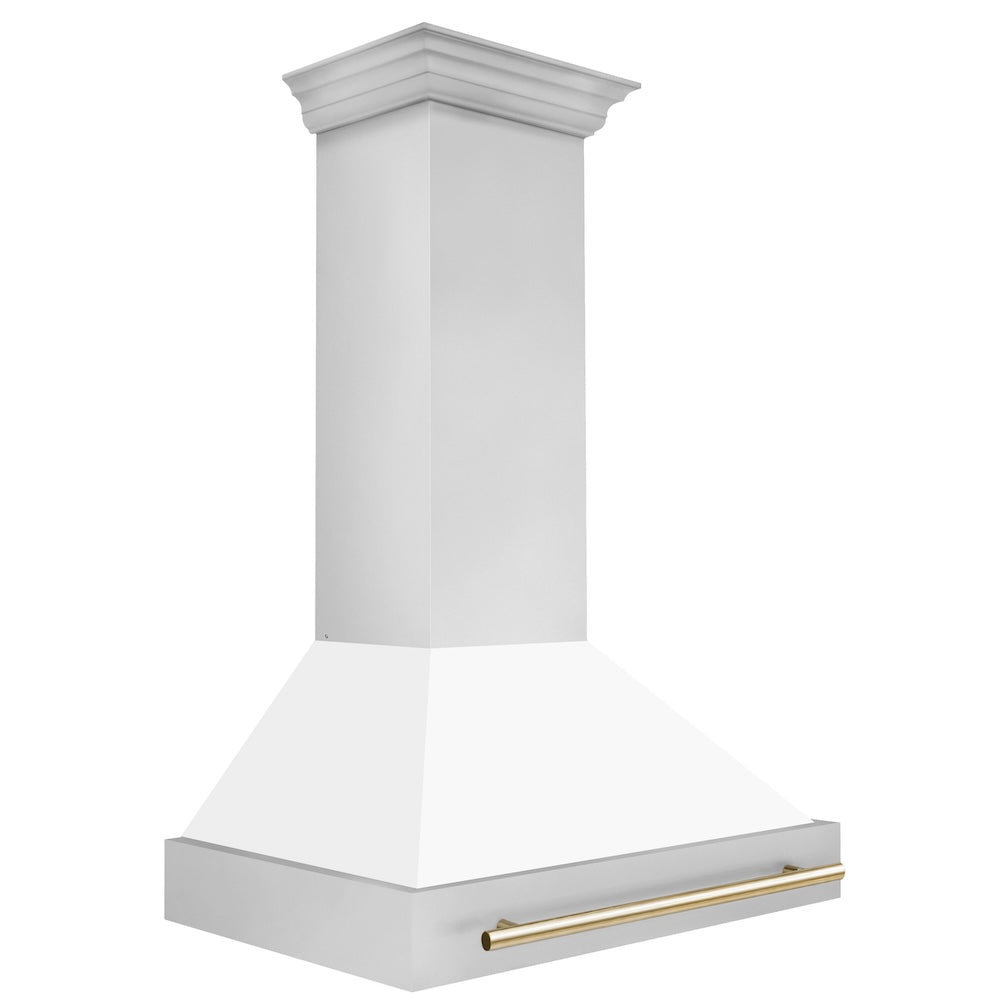 ZLINE Autograph Edition 36-inch range hood in white matte and polished gold accents 8654STZ-WM36-G, side view