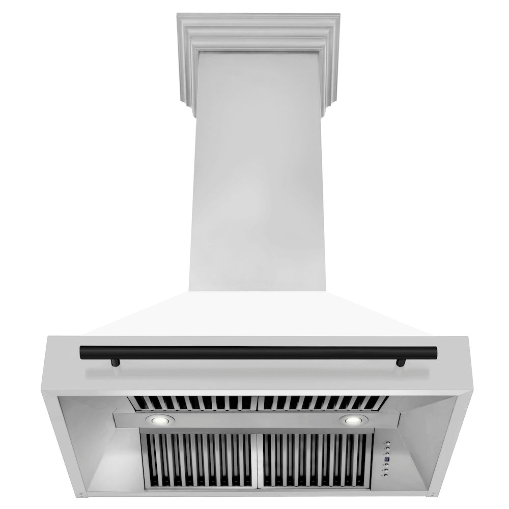 ZLINE Autograph Edition 36-inch range hood in white matte and matte black accents 8654STZ-WM36-MB, front view