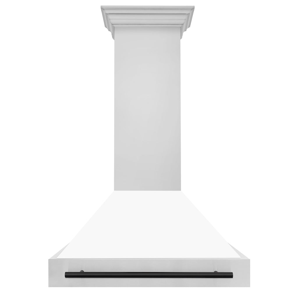 ZLINE Autograph Edition 36-inch range hood in white matte and matte black accents 8654STZ-WM36-MB, front view