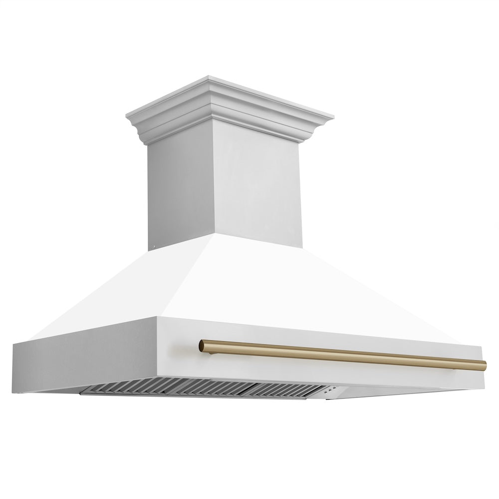 ZLINE Autograph Edition 48-inch range hood in white matte and champagne bronze accents 8654STZ-WM48-CB