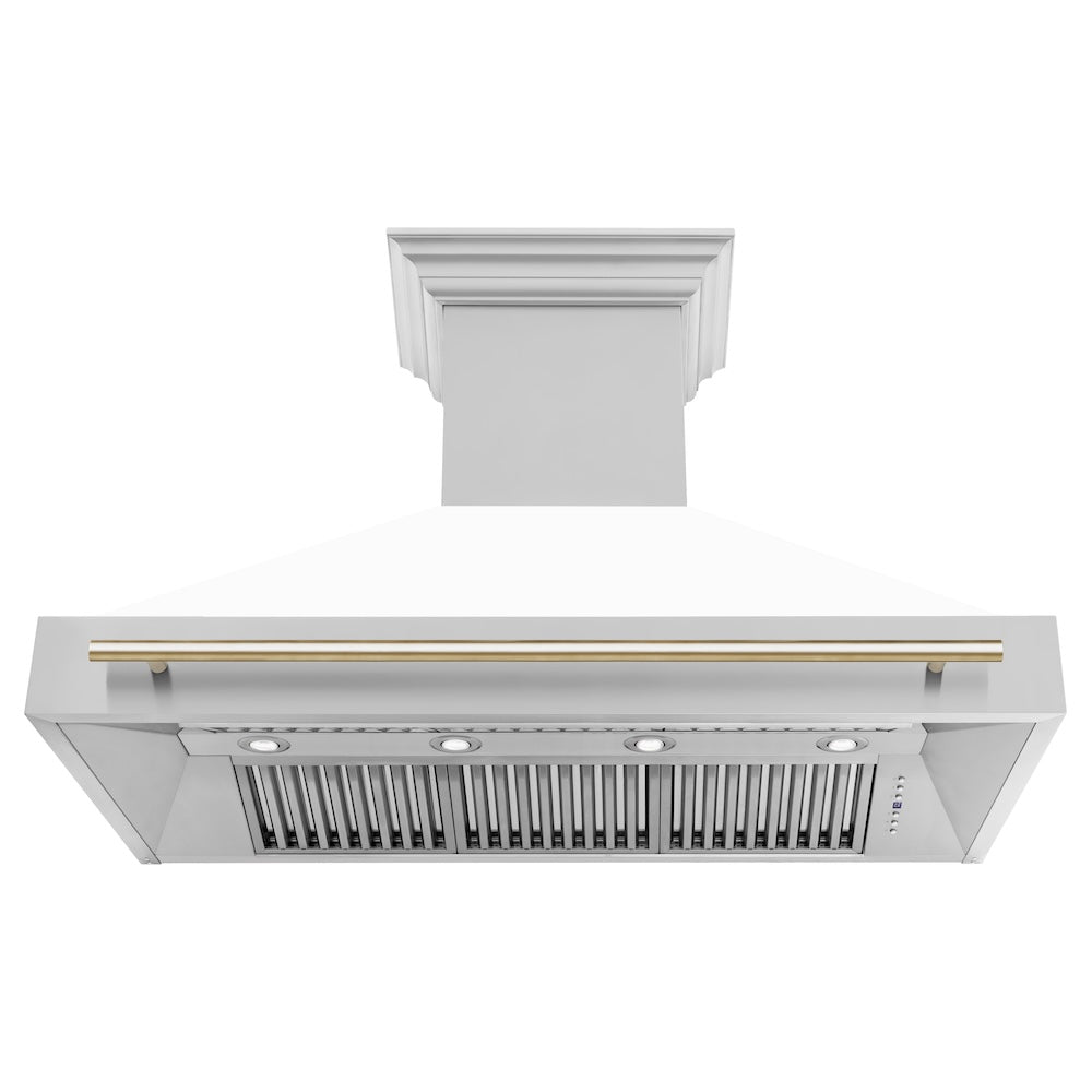 ZLINE Autograph Edition 48-inch range hood in white matte and polished gold accents 8654STZ-WM48-G, front view