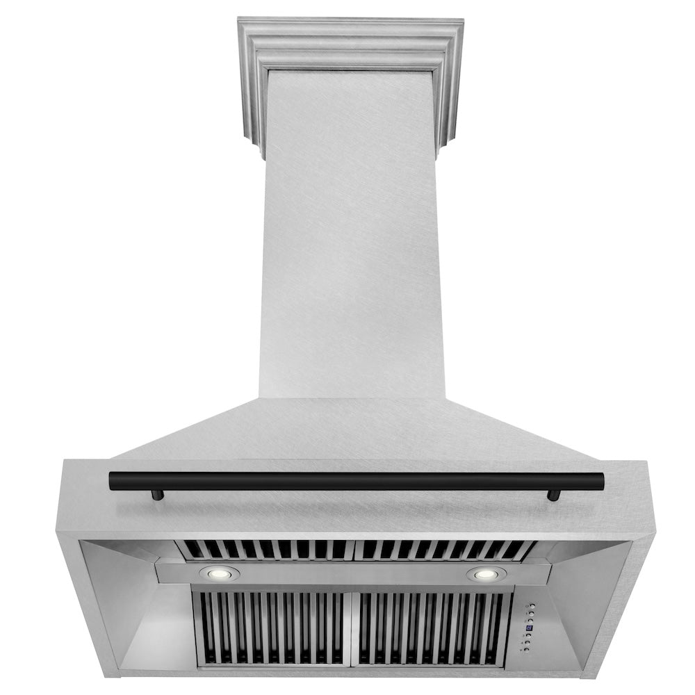 ZLINE Autograph Edition 36-inch range hood in satin stainless steel and matte black accents 8654SNZ-36-MB, front view