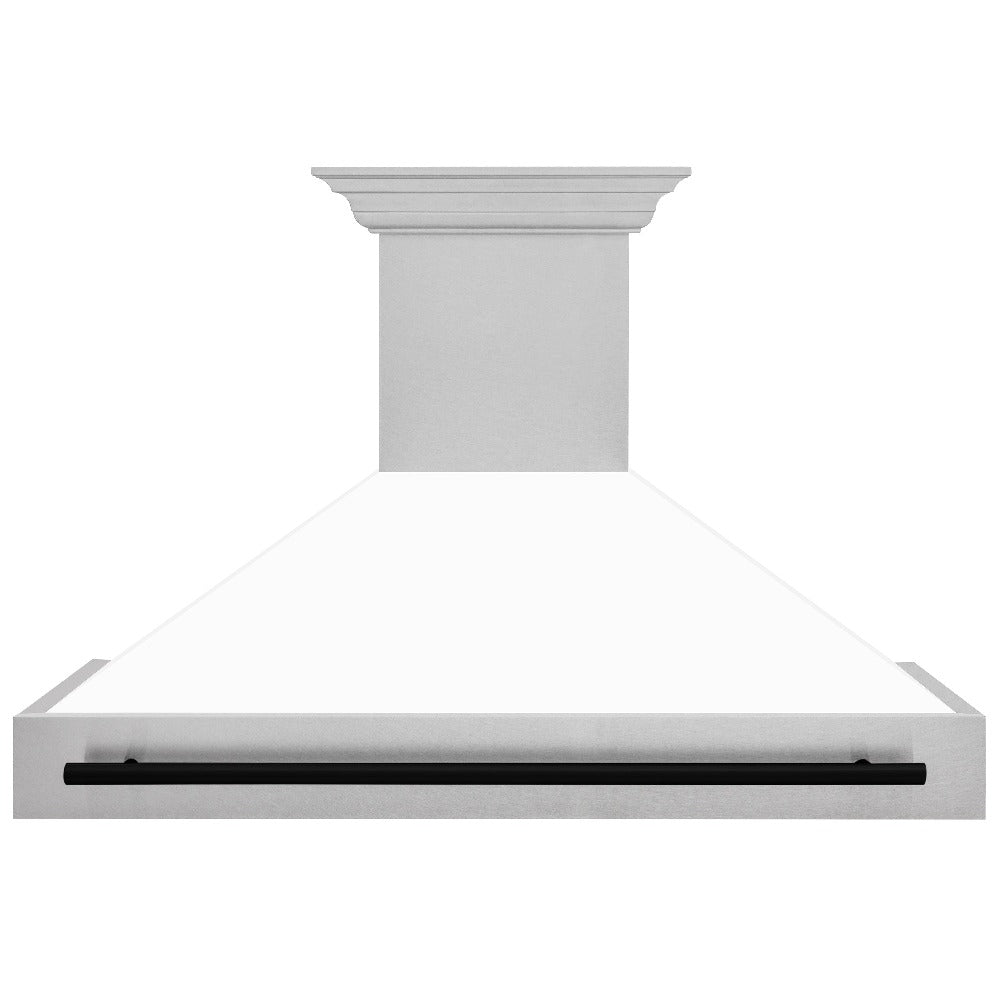 ZLINE Autograph Edition 48-inch range hood in satin stainless steel and matte black accents 8654SNZ-WM48-MB, front view