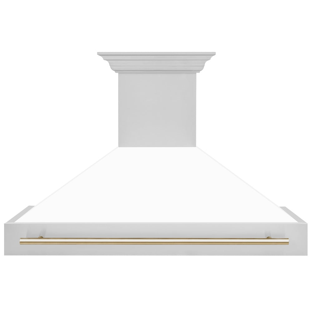 ZLINE Autograph Edition 48-inch range hood in white matte and polished gold accents 8654STZ-WM48-G, front view