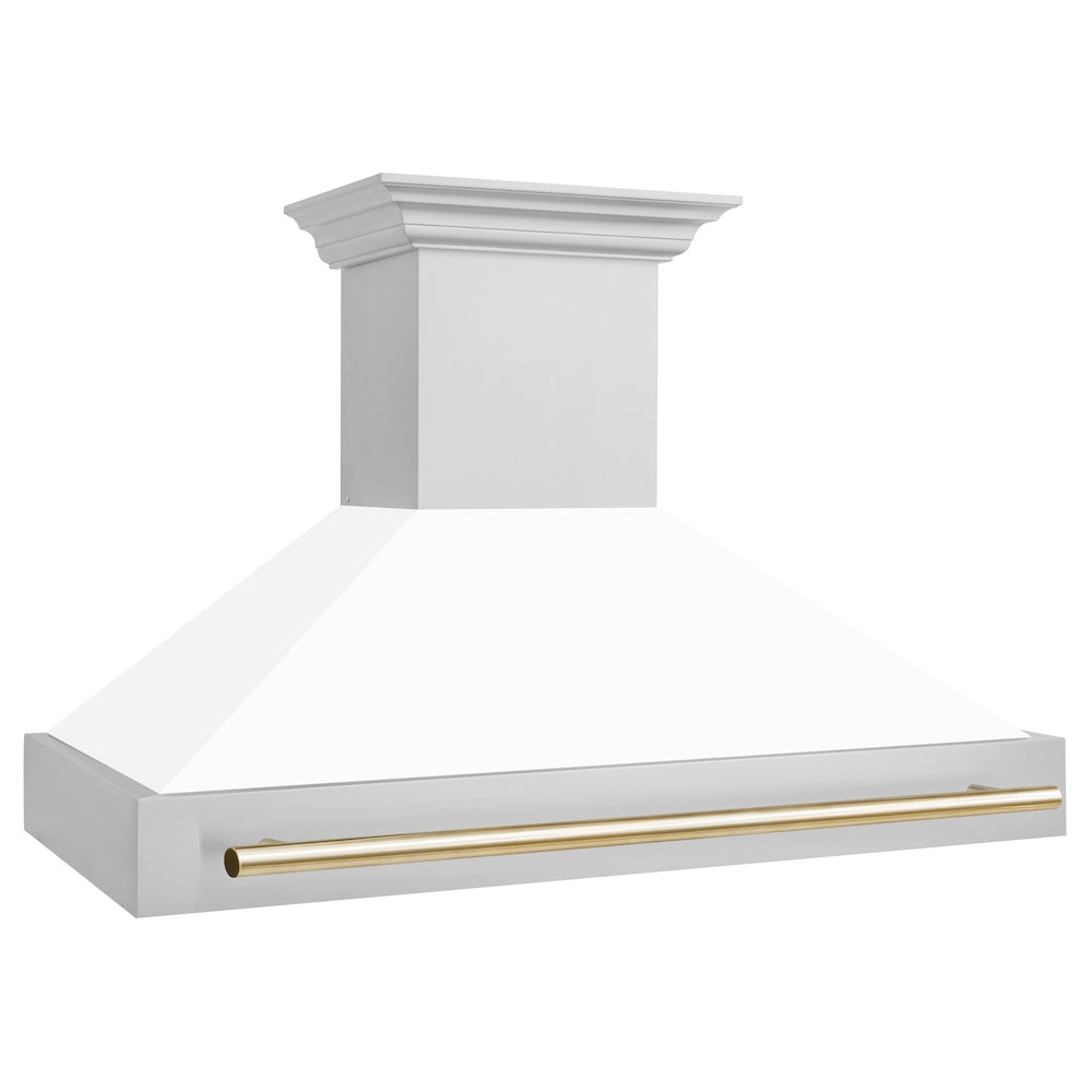 ZLINE Autograph Edition 48-inch range hood in white matte and polished gold accents 8654STZ-WM48-G, side view