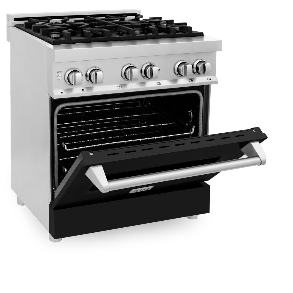 ZLINE Legacy 30-inch range in stainless steel with black matte door RA-BLM-30, door open
