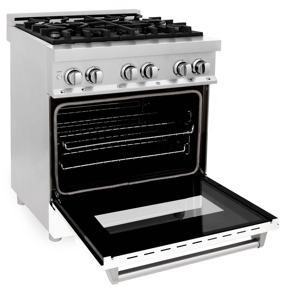 ZLINE Legacy 30-inch range in stainless steel with white matte door RA-WM-30, door open
