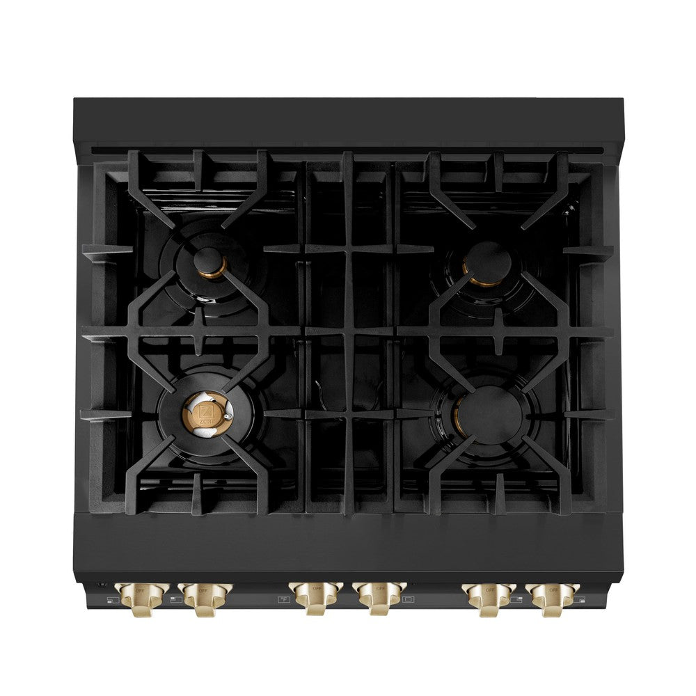 ZLINE Autograph Edition Legacy 30-inch range in black stainless steel and polished gold accents RABZ-30-G, from above