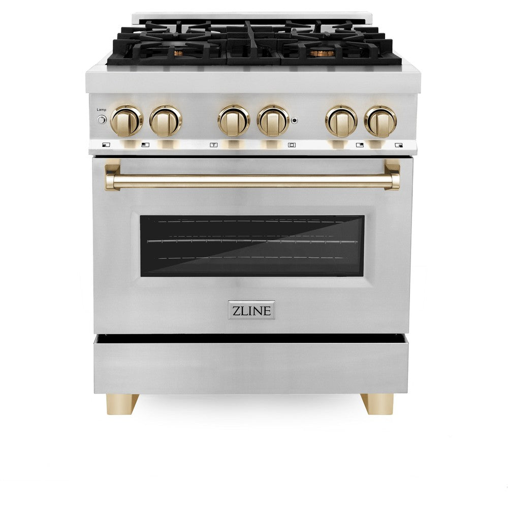 ZLINE Autograph Edition Legacy 30-inch range in stainless steel and polished gold accents RAZ-30-G, front view