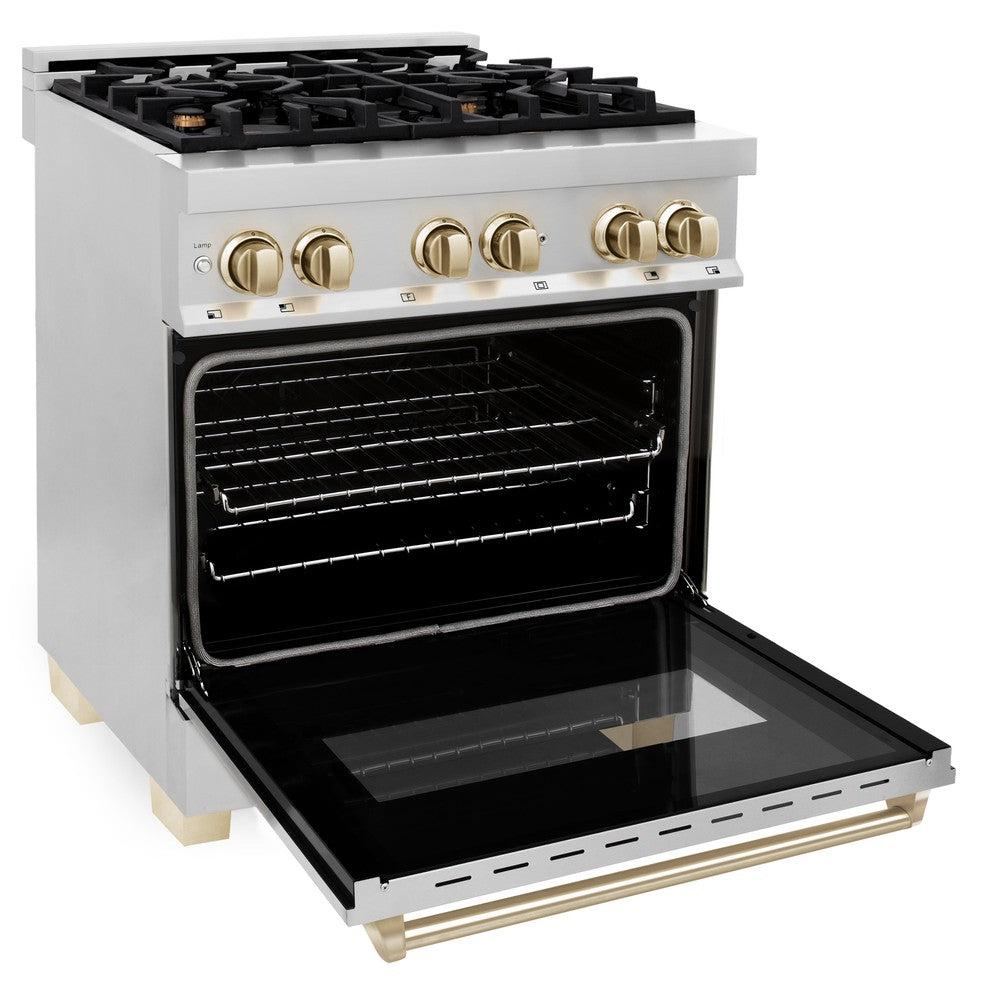 ZLINE Autograph Edition Legacy 30-inch range in stainless steel and polished gold accents RAZ-30-G, door open