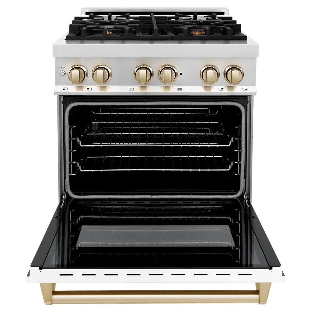 ZLINE Autograph Edition Legacy 30-inch range in stainless steel with white matte door and polished gold accents RAZ-WM-30-G, front view
