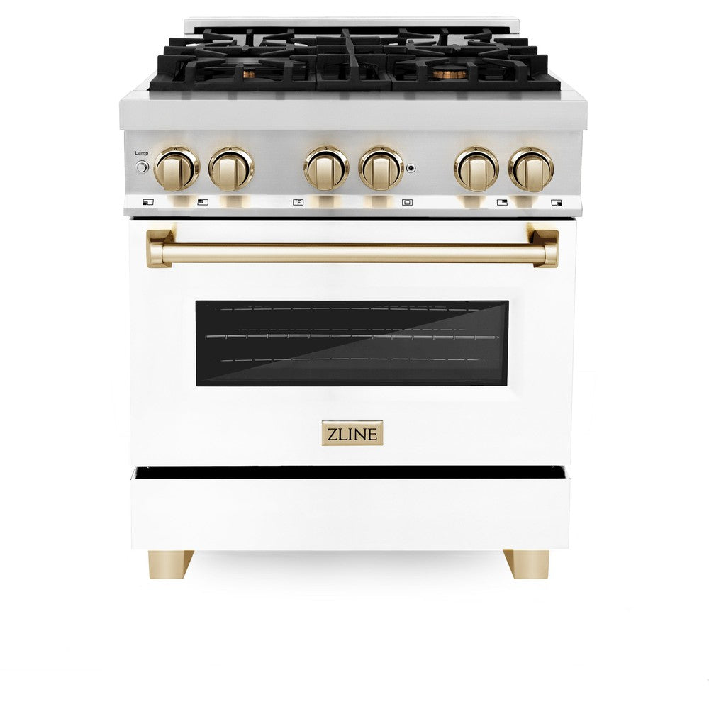 ZLINE Autograph Edition Legacy 30-inch range in stainless steel with white matte door and polished gold accents RAZ-WM-30-G, front view