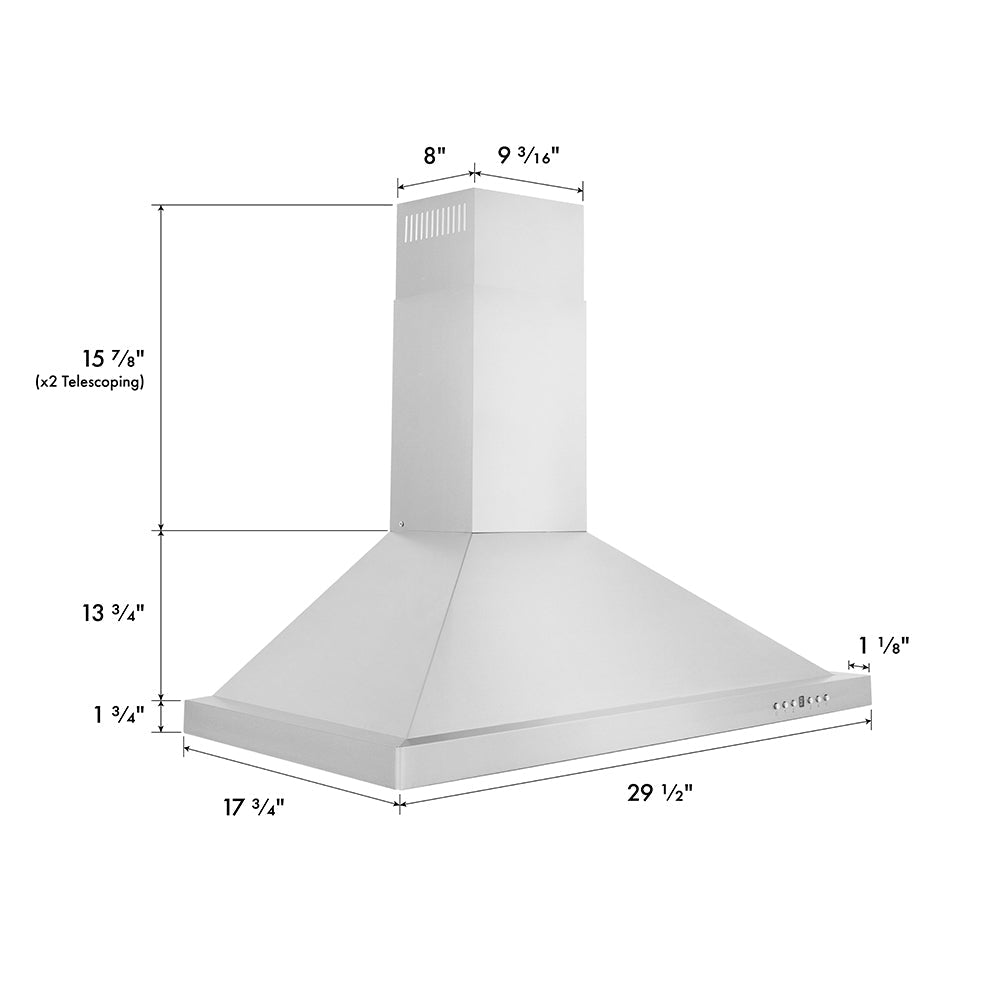 ZLINE KB-30 wall mount range hood dimension diagram