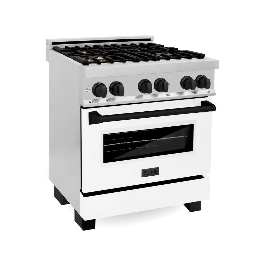 ZLINE Autograph Edition Legacy 30-inch range in stainless steel with white matte door and matte black accents RAZ-WM-30-MB