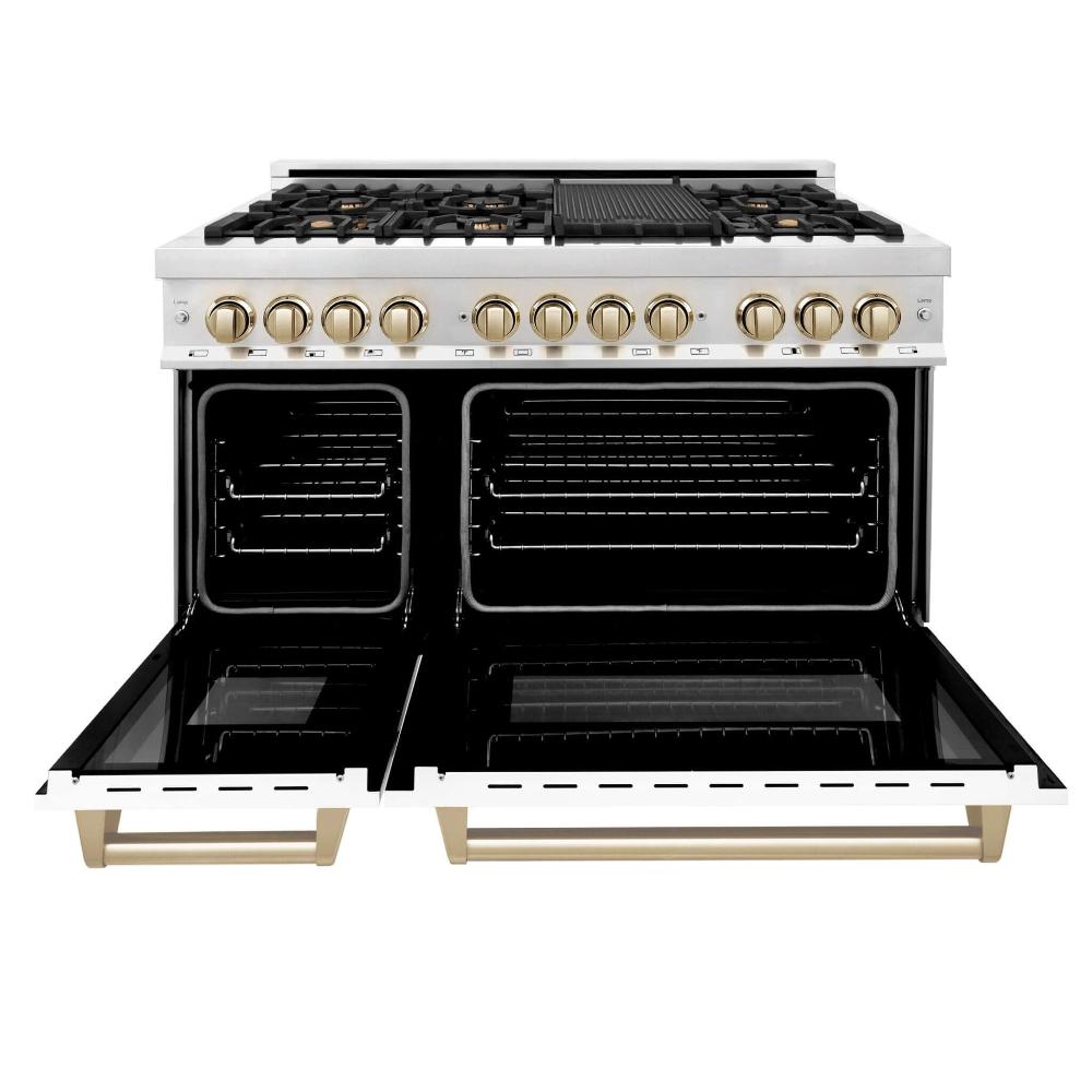 ZLINE Autograph Edition Legacy 48-inch range in stainless steel with white matte door and polished gold accents RAZ-WM-48-G, view 4