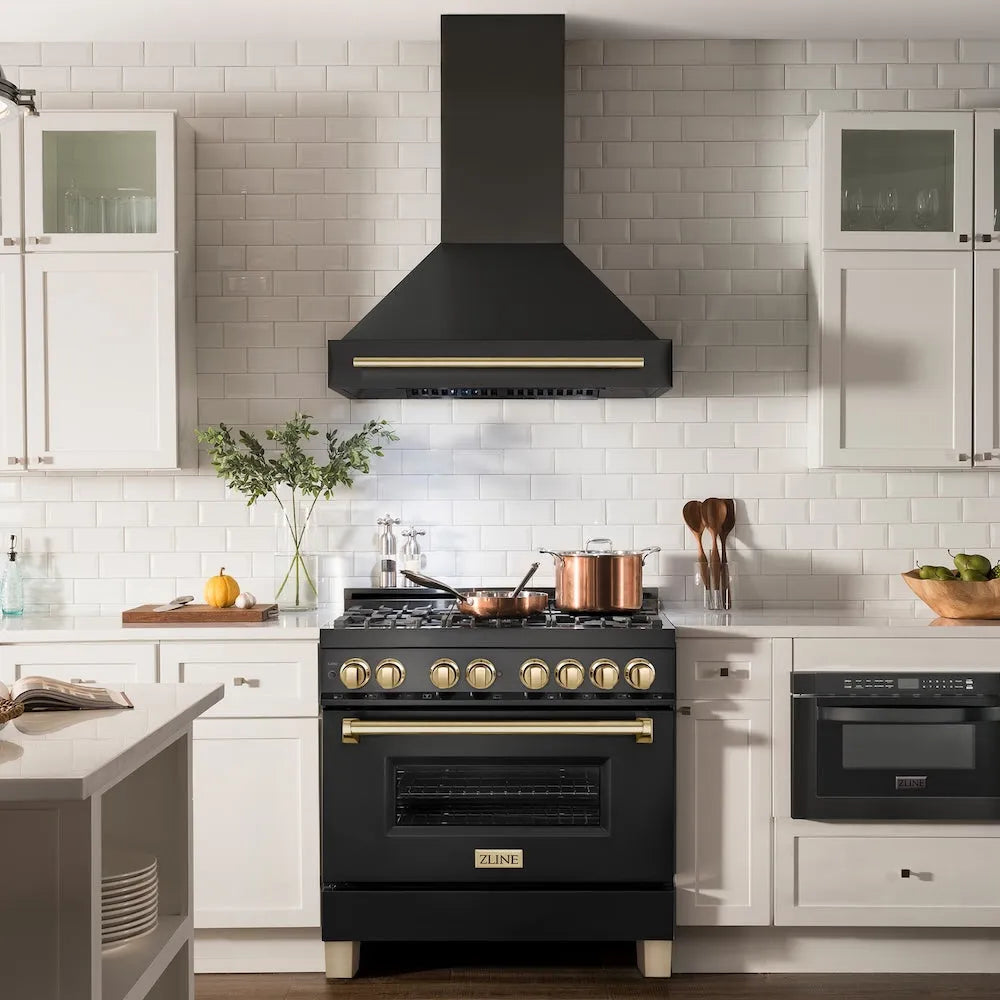 ZLINE Autograph Edition 36-inch range hood in black stainless steel and polished gold accents BS655Z-36-G, view 2
