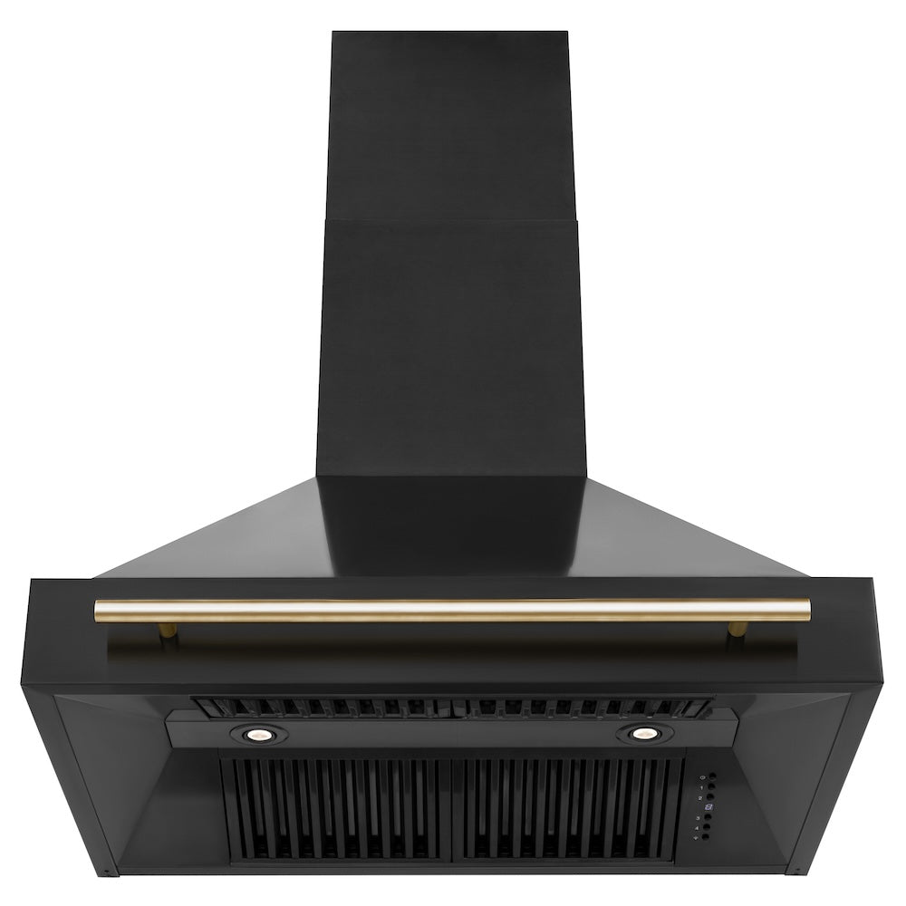 ZLINE Autograph Edition 36-inch range hood in black stainless steel and polished gold accents BS655Z-36-G, front view