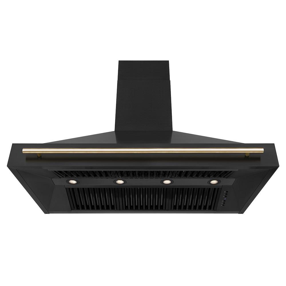 ZLINE Autograph Edition 48-inch range hood in black stainless steel and polished gold accents BS655Z-48-G, front view