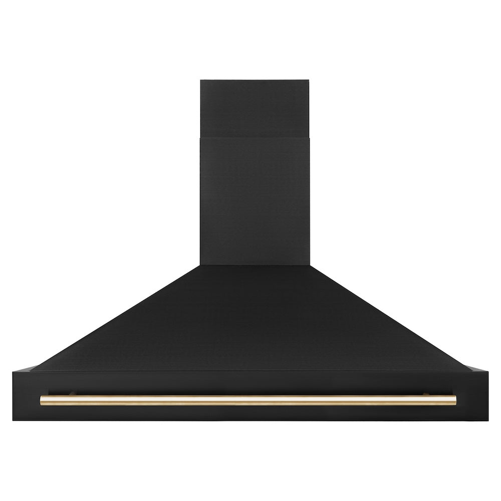 ZLINE Autograph Edition 48-inch range hood in black stainless steel and polished gold accents BS655Z-48-G, front view