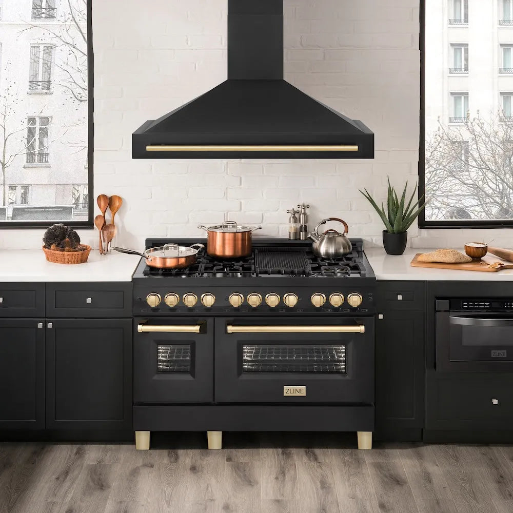 ZLINE Autograph Edition 48-inch range hood in black stainless steel and polished gold accents BS655Z-48-G, view 2