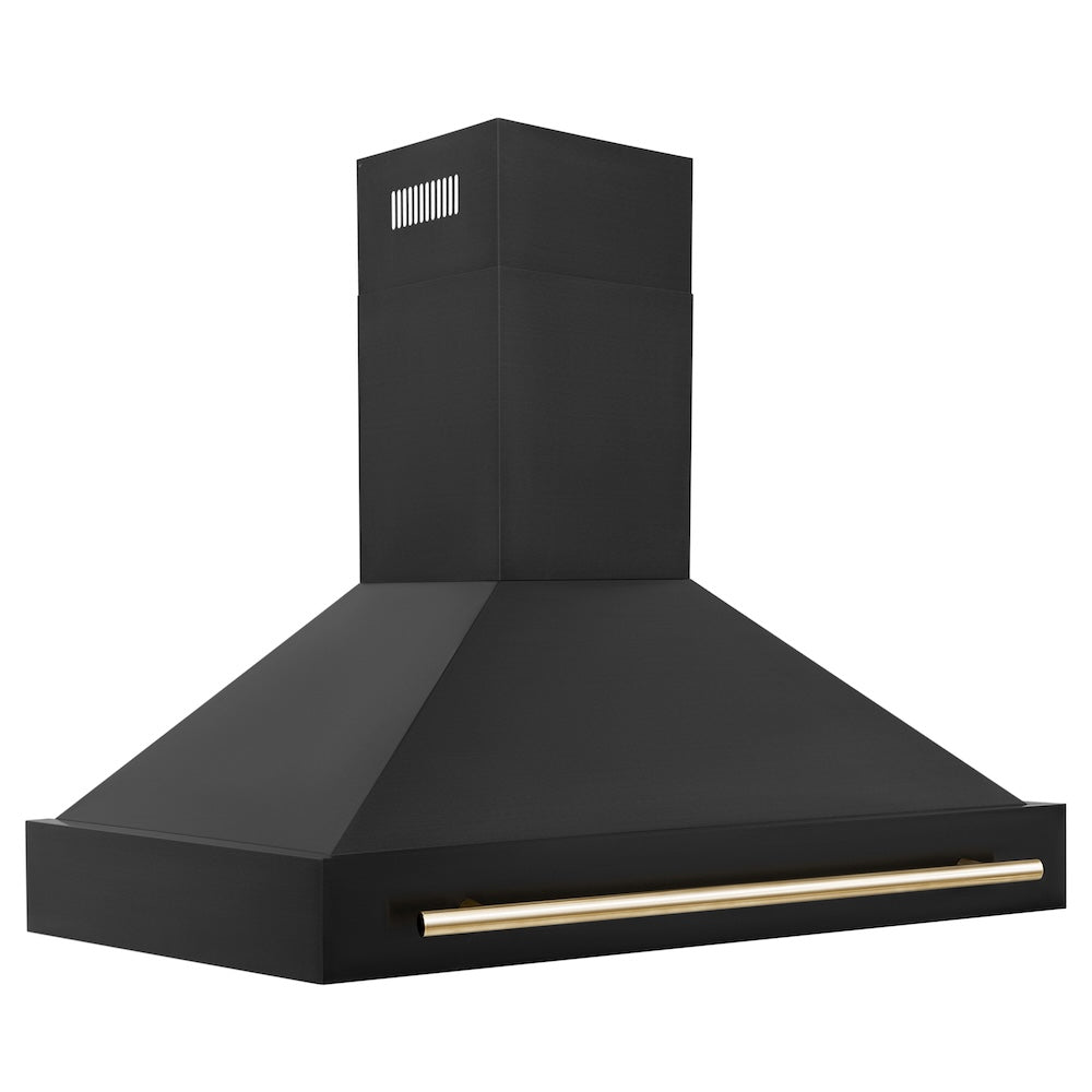 ZLINE Autograph Edition 48-inch range hood in black stainless steel and polished gold accents BS655Z-48-G, side view