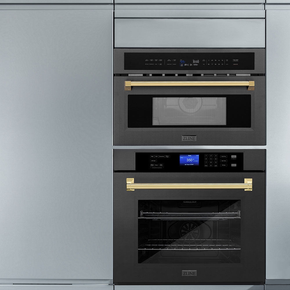 ZLINE Autograph Edition 30-inch microwave in black stainless steel and polished gold accents MWOZ-30-BS-G, view 3