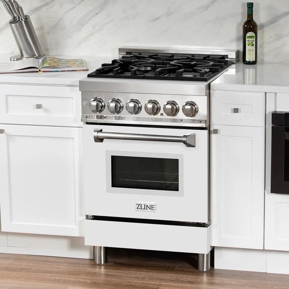 ZLINE Legacy 24-inch range in stainless steel with white matte door RA-WM-24, side view