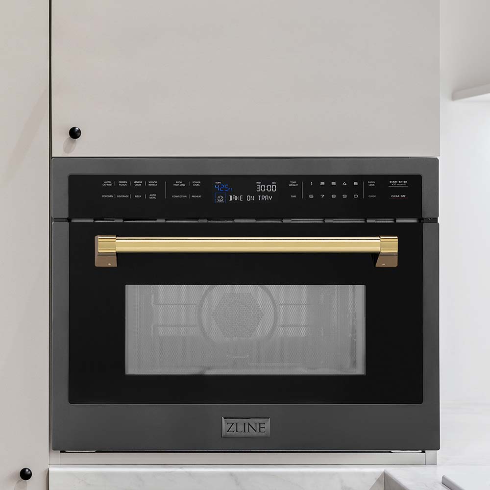 ZLINE Autograph Edition 24-inch microwave in black stainless steel and polished gold accents MWOZ-24-BS-G, view 2